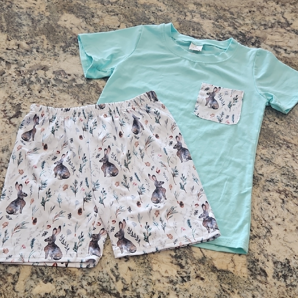 Source Unknown Kids Matching Set in Aqua and White with Bunny Print